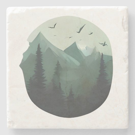 静かな峰：山の風景の上の鳥 ストーンコースター (正面)