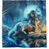 静かな川の夕べと先住民と狼 シャワーカーテン (正面)