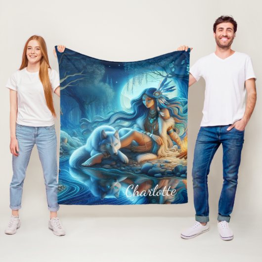 静かな川の夕べと先住民と狼 フリースブランケット (インサイチュ)