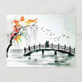 静かな庭の池のそばの橋 ポストカード