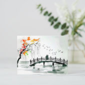 静かな庭の池のそばの橋 ポストカード (スタンド正面)