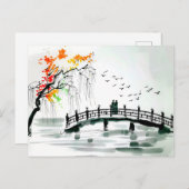 静かな庭の池のそばの橋 ポストカード (正面/裏面)