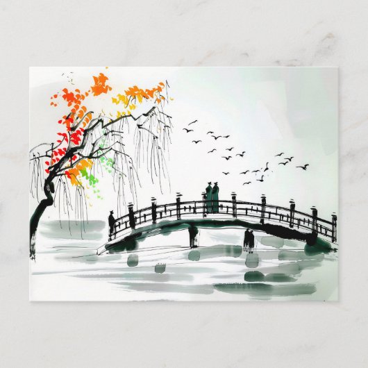 静かな庭の池のそばの橋 ポストカード (正面)