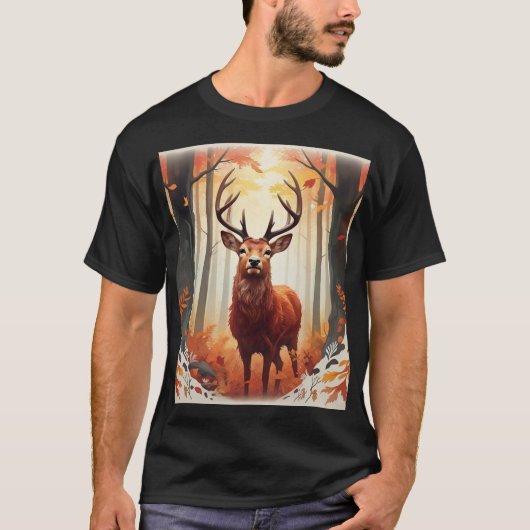静かな森のなかの好奇心旺盛なアカシカTシャツデザイン Tシャツ (正面)