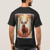 静かな森のなかの好奇心旺盛なアカシカTシャツデザイン Tシャツ (裏面)