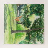 静かな森の鹿の水彩画アート ジグソーパズル (横)