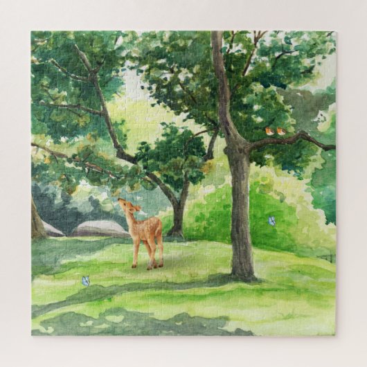 静かな森の鹿の水彩画アート ジグソーパズル (縦)