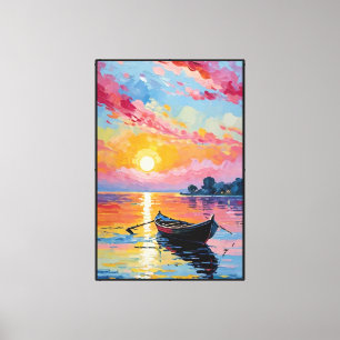 静かな水面に浮かぶ夕日のボート – 抽象芸術 キャンバスプリント
