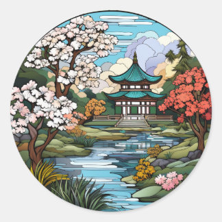 静かな池と寺のステッカーセット ラウンドシール