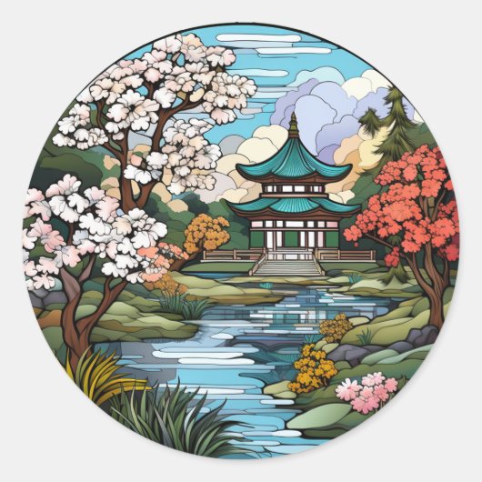 静かな池と寺ステッカーセット ラウンドシール (正面)