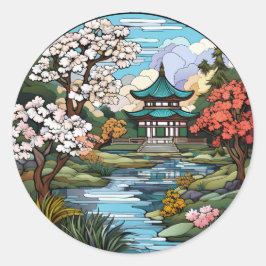 静かな池と寺ステッカーセット ラウンドシール