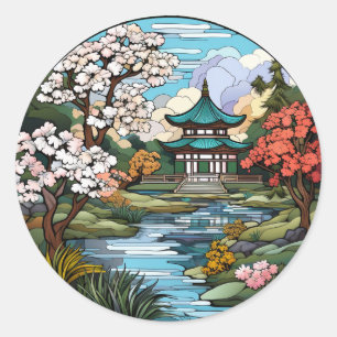静かな池と寺ステッカーセット ラウンドシール
