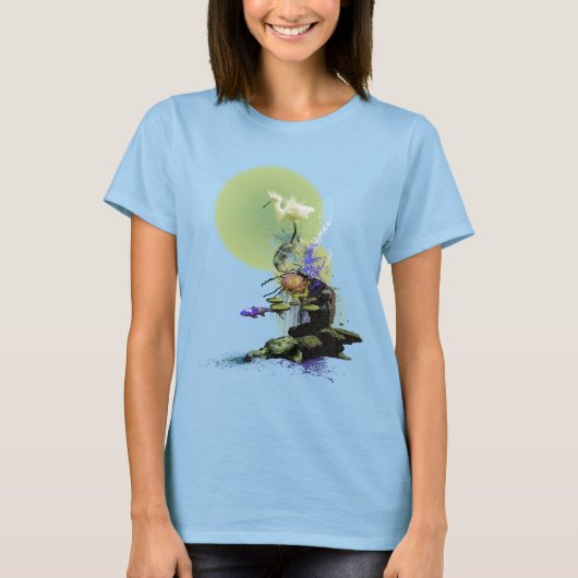静かな池のシラサギと鯉 Tシャツ (正面)