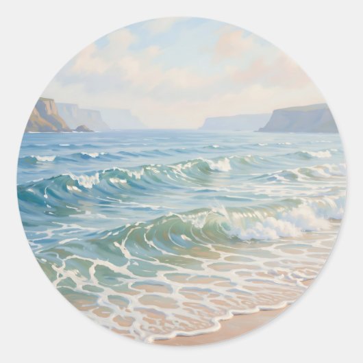 静かな海の波が打ち寄せる砂浜海岸の風景 ラウンドシール (正面)