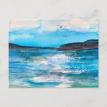 静かな海岸の湾の水彩画
