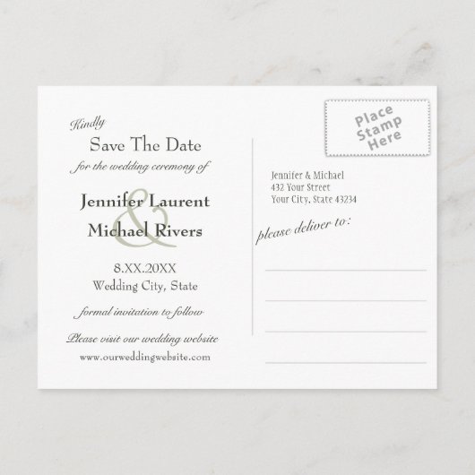 静かな湖と緑豊かな木々の反射とウェディング 案内ポストカード (裏面)