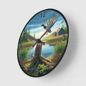 静かな湖に飛んでいるおけるカスタマイズ可能なマラード ラウンド壁時計 (傾斜)