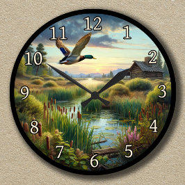 静かな湖に飛んでいるおけるカスタマイズ可能なマラード ラウンド壁時計