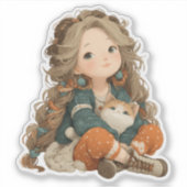 静かな瞬間の少女と猫 - プレミアムアートステッカー シール (正面)