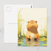 静かな自然の池のほとりの笑顔のカピバラ ポストカード (正面/裏面)