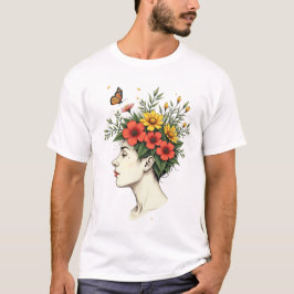 静かな花開き -蝶と花の冠をいただく女性の横顔- Tシャツ