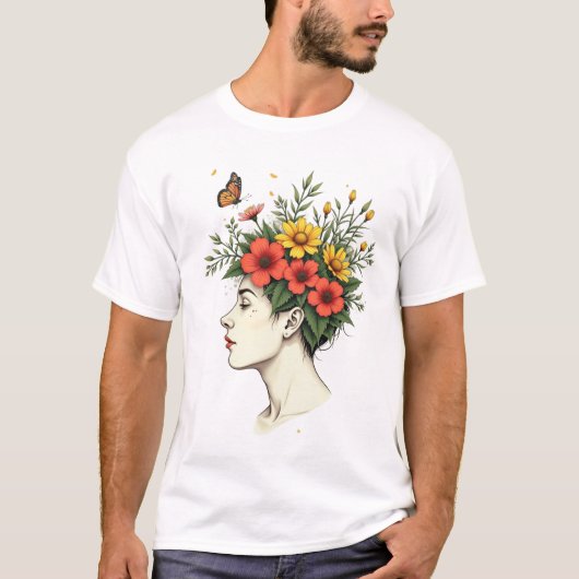 静かな花開き -蝶と花の冠をいただく女性の横顔- Tシャツ (正面)