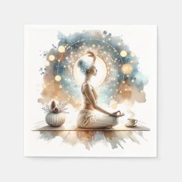 静かな茶色の瞑想の女性、座り、ヨガのポーズ スタンダードカクテルナプキン