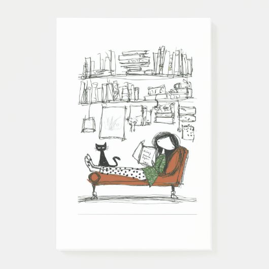 静かな読書の午後 | 手描きの本好き ポストイット (正面)