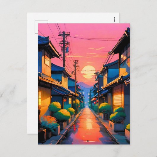 静かな通り、暖かいグローの上の日本の通り シーズンポストカード (正面/裏面)