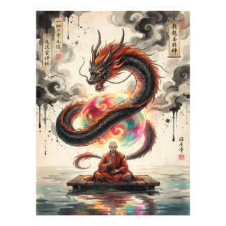 静かな邂逅: 僧侶と天の竜 フォトプリント