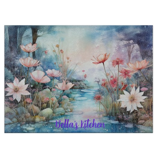 静かな開花パーソナライズされた:ワイルドフラワーガラス カッティングボード (正面)