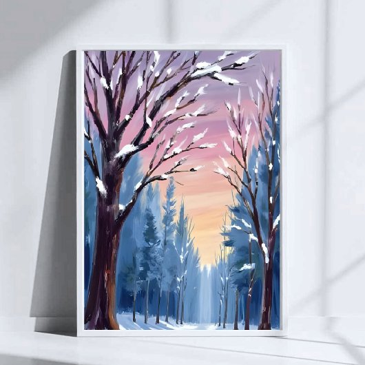 静かな降雪の冬の森の水彩画 ポスター