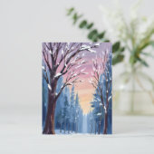 静かな降雪の冬の森の水彩画 ポストカード (スタンド正面)
