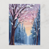 静かな降雪の冬の森の水彩画 ポストカード (正面)