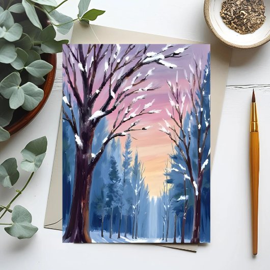 静かな降雪の冬の森の水彩画 ポストカード
