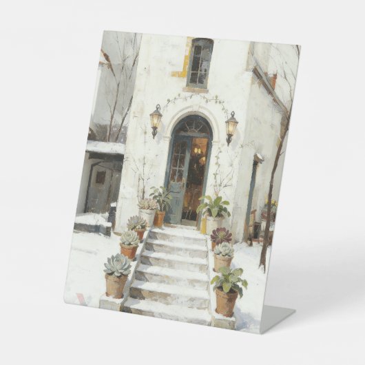 静かな雪の小屋の入り口の絵 | 冬のSu 台座サイン (正面)