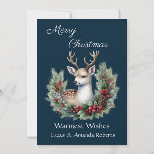 静かな鹿、ホーリーの花輪を纏い、濃い青を背景に シーズンカード (正面)