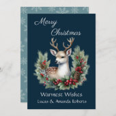 静かな鹿、ホーリーの花輪を纏い、濃い青を背景に シーズンカード (正面/裏面)