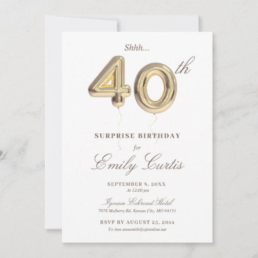 静かにサプライズ 40歳の誕生日パーティー 招待状 (正面)