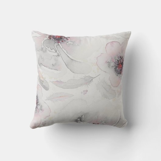 静かにピンクおよび挨りだらけの灰色のヴィンテージの花柄の水彩画 クッション (裏面)