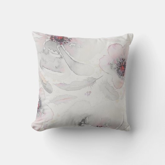 静かにピンクおよび挨りだらけの灰色のヴィンテージの花柄の水彩画 クッション (正面)