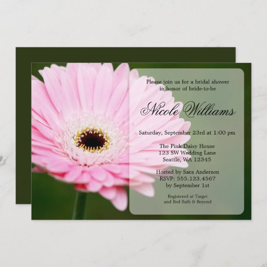 静かにピンクおよび緑のガーベラのデイジーのブライダルシャワー 招待状 (正面/裏面)
