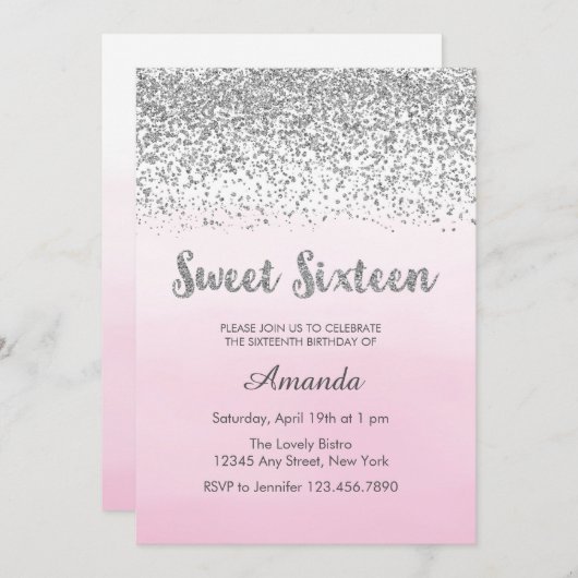 静かにピンクおよび銀製の菓子16の誕生日の招待状 招待状 (正面/裏面)