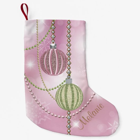 静かにピンク及び緑のフェイクなグリッターのオーナメントの球 スモールクリスマスストッキング (正面)