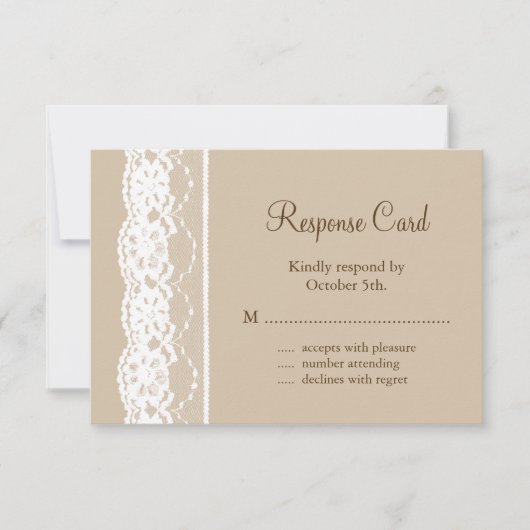 静かにベージュ色およびヴィンテージのレースRSVP 出欠カード (正面)
