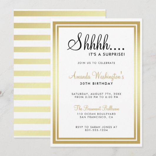 静かに… サプライズ誕生日！エレガントなゴールド 招待状 (正面/裏面)