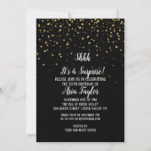 静かに！サプライズ ゴールド コンフェッティ ブラック パーティー 招待状 (正面)
