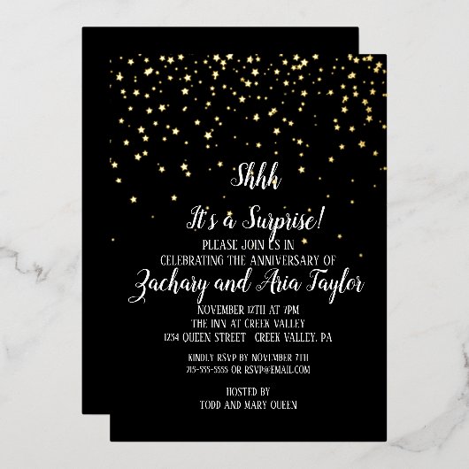 静かに!サプライズ パーティーのゴールドコンフェッティ ブラック 箔招待状 (正面/裏面)