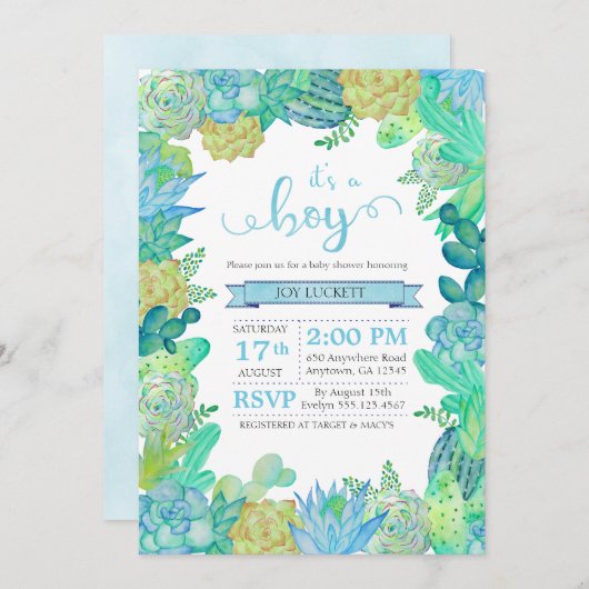 静かにSucculent及びサボテンの男の子のベビーシャワーの招待 招待状 (正面/裏面)
