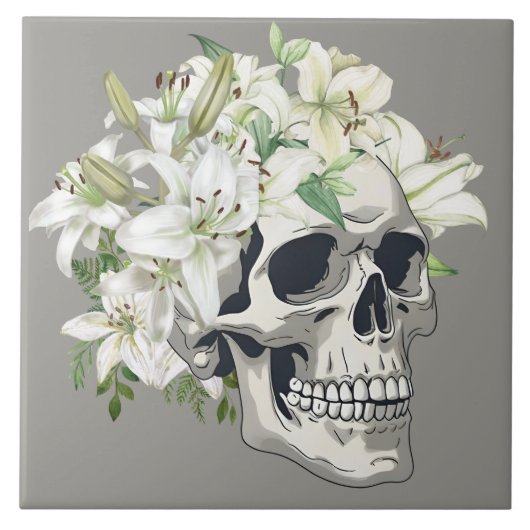 静か開花:スカルとホワイトリリー タイル (正面)